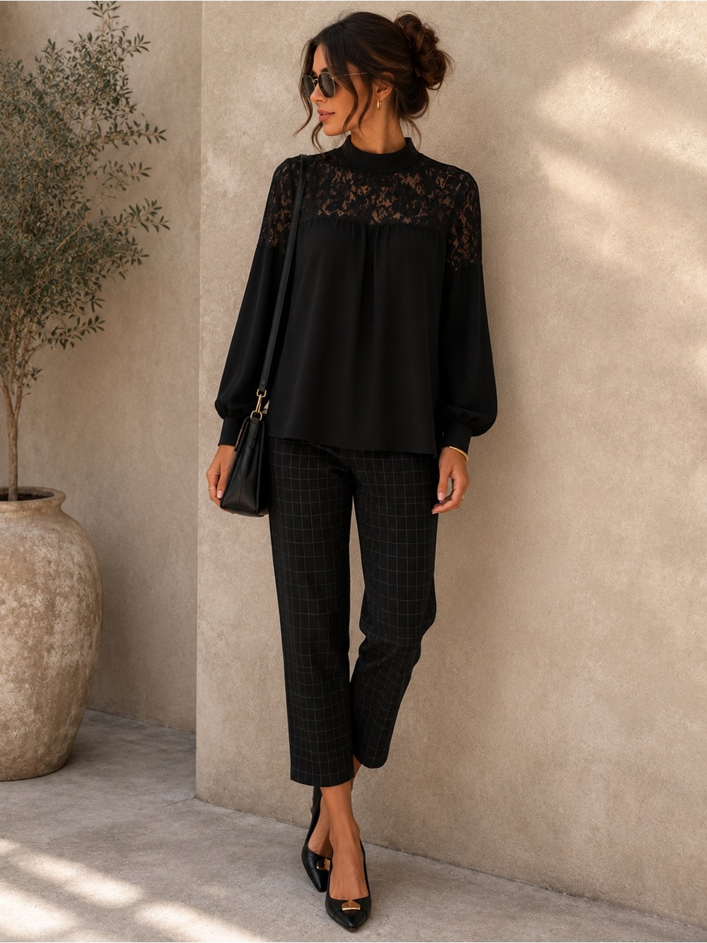 Wrapper Black Lace Yoke Mock Neck Blouse Long Sleeve Career Top Minimalist Chic